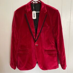 Vibrant Red Velvet Blazer with Black Accents